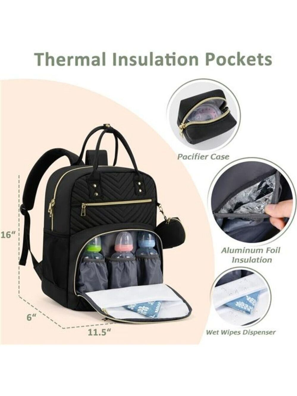 Diaper Bag Backpack Large Capacity Baby Travel Bag with Pacifier Holder Black - Picture 5 of 8